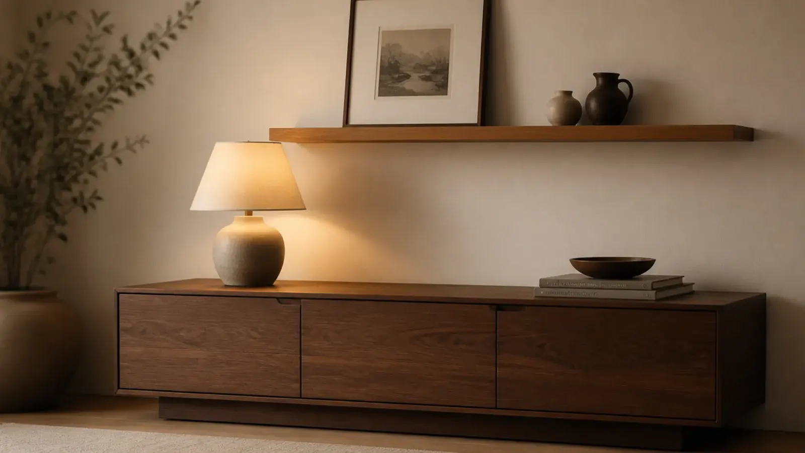 floating shelf mounted above a low walnut sideboard in a living room