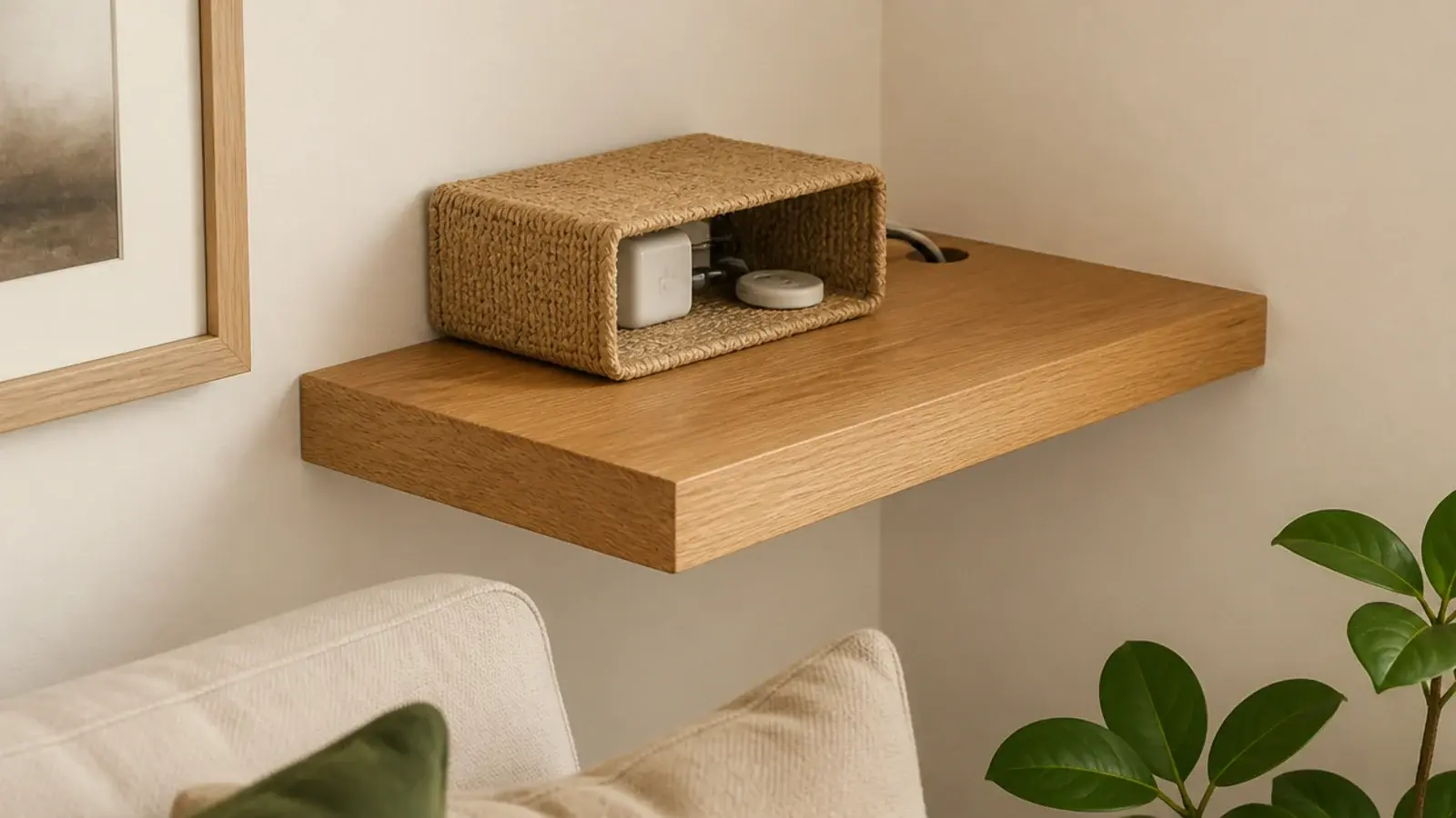 floating shelf holding a router hidden behind a woven jute basket
