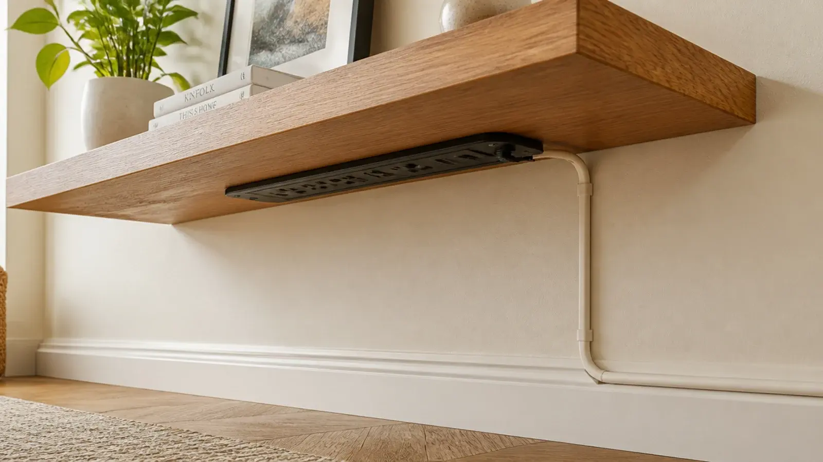 power strip mounted out of sight under a floating living room shelf