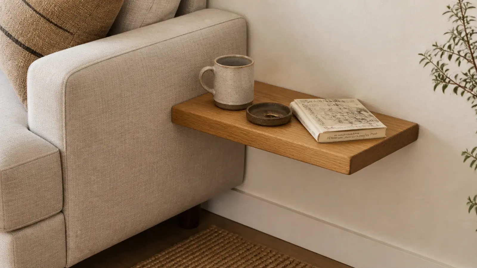 small floating shelf beside a sofa arm holding a mug and remote