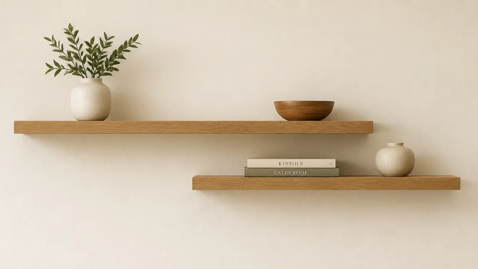 two floating shelves of different lengths overlapping on a living wall