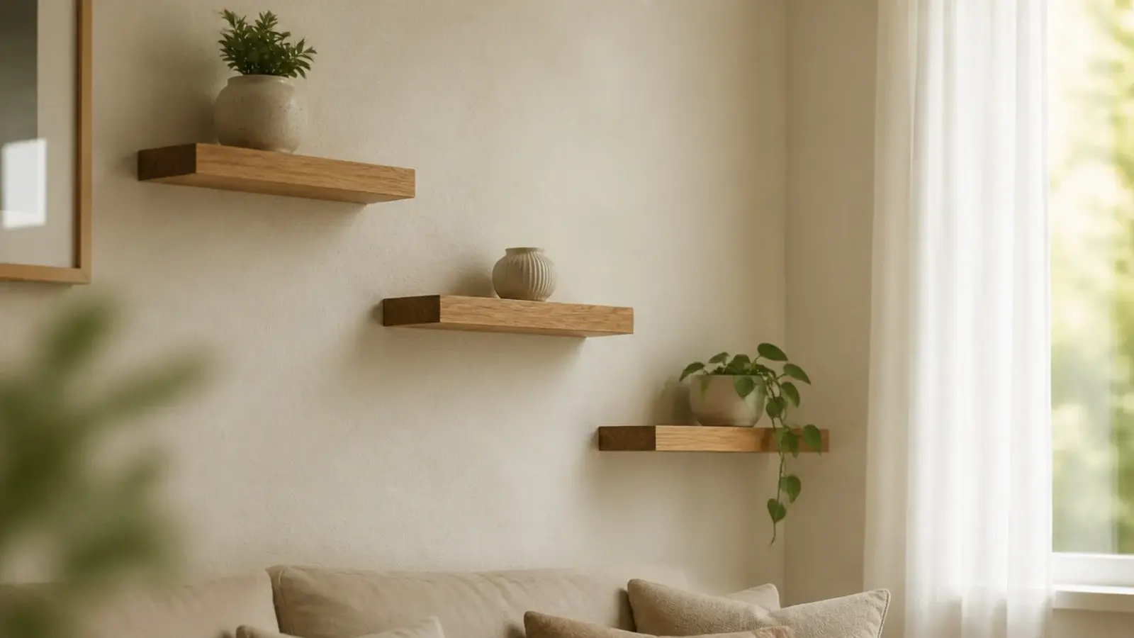 floating shelves descending in a stepped line toward a living room window