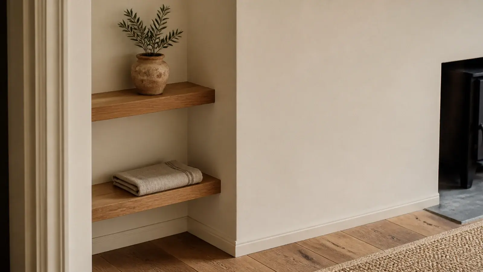 narrow floating shelves filling the slim wall beside a chimney breast