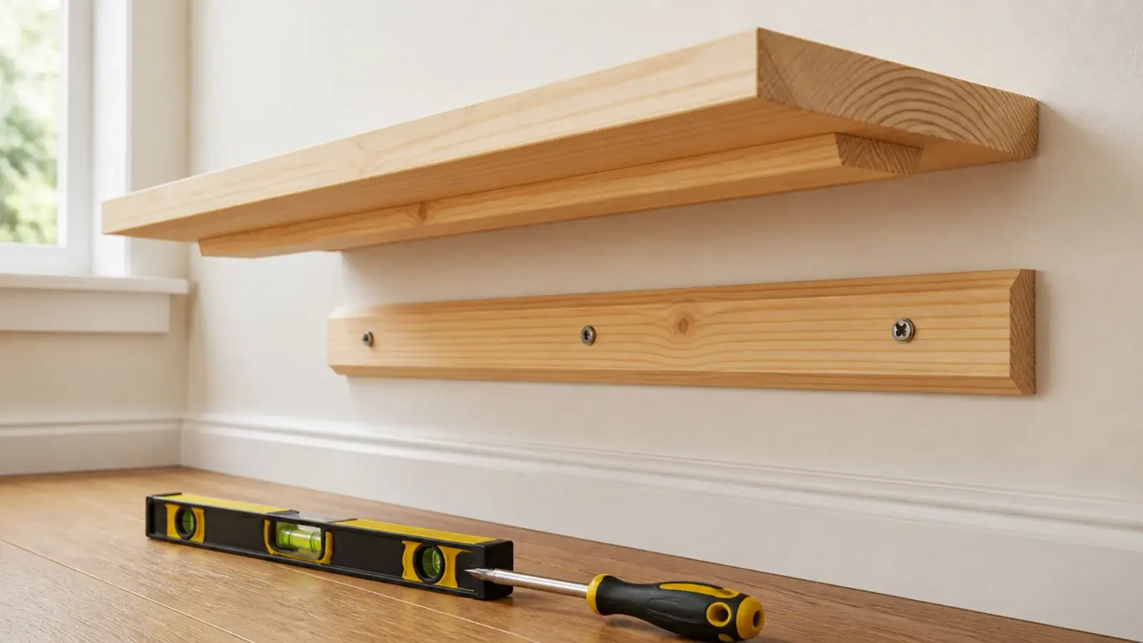 french cleat shelf being lifted onto a single screwed batten on a wall