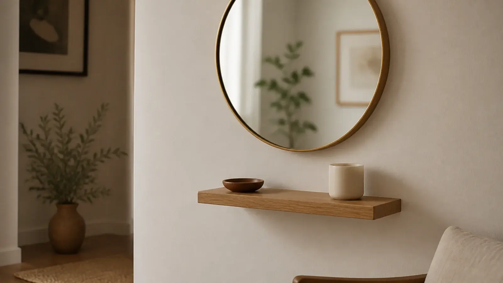 floating shelf mounted below a round mirror on a living room wall