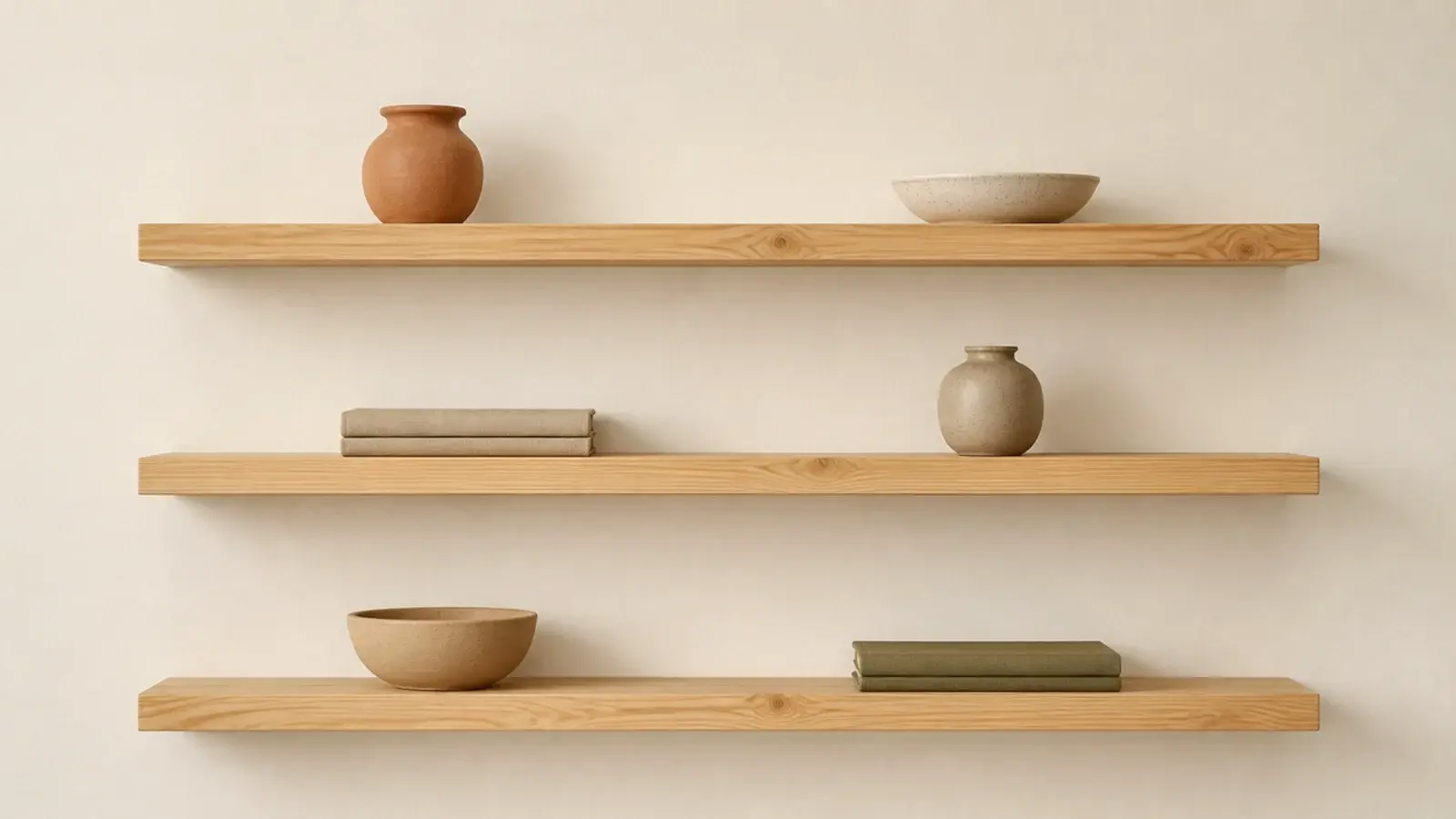 single pine board cut into three equal floating shelves on a wall