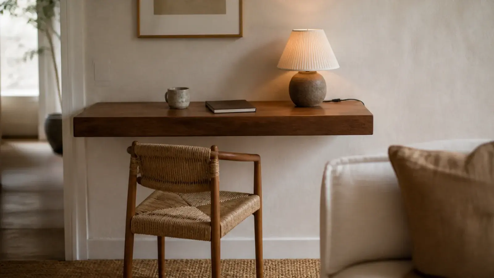 deep floating shelf used as a compact desk in a small living room