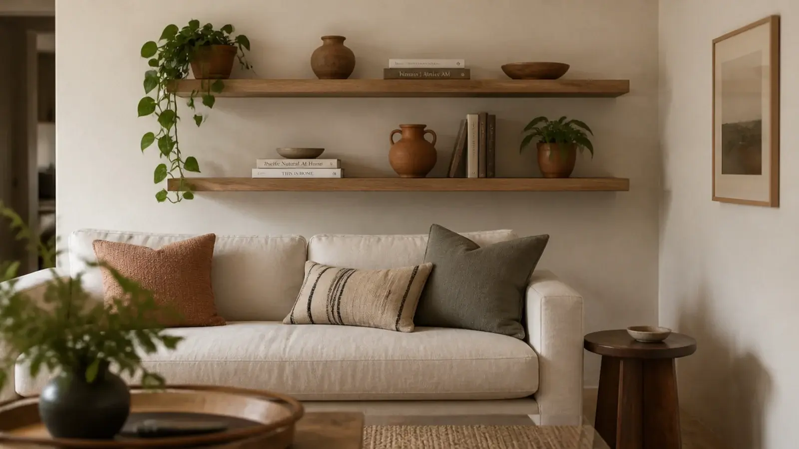 floating shelves in a small living room above a linen sofa with pottery