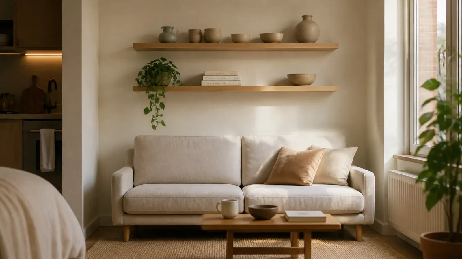 shallow floating shelves in a small space above a linen sofa in a studio
