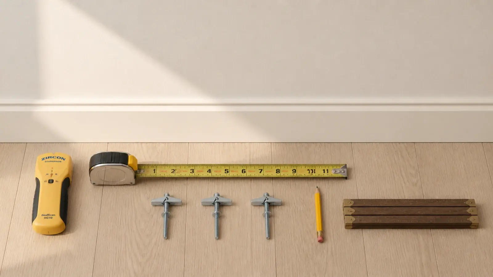 stud finder tape measure and toggle bolts laid out below a bare rental wall