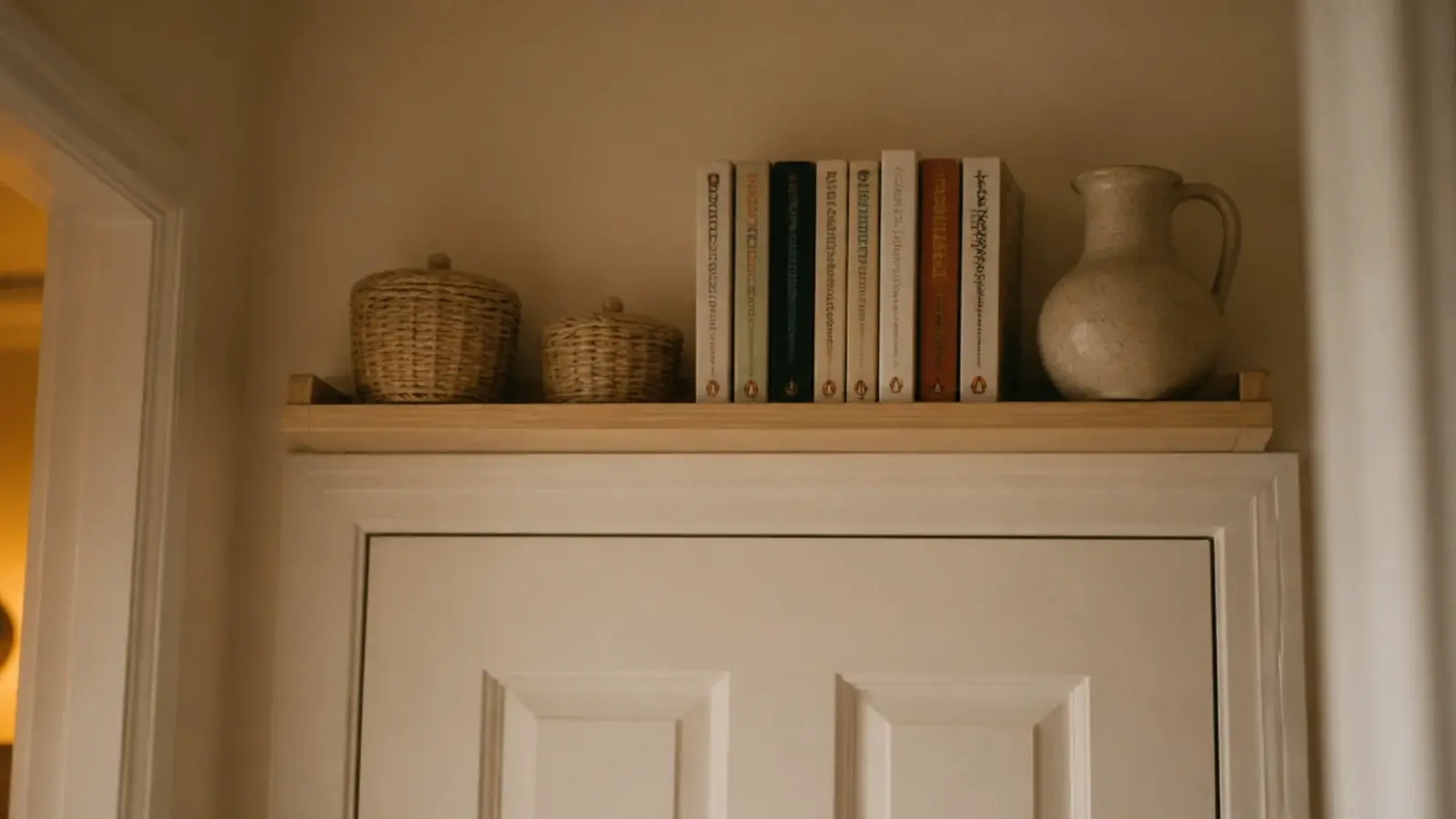 shallow bamboo shelf mounted above a doorway holding baskets and books