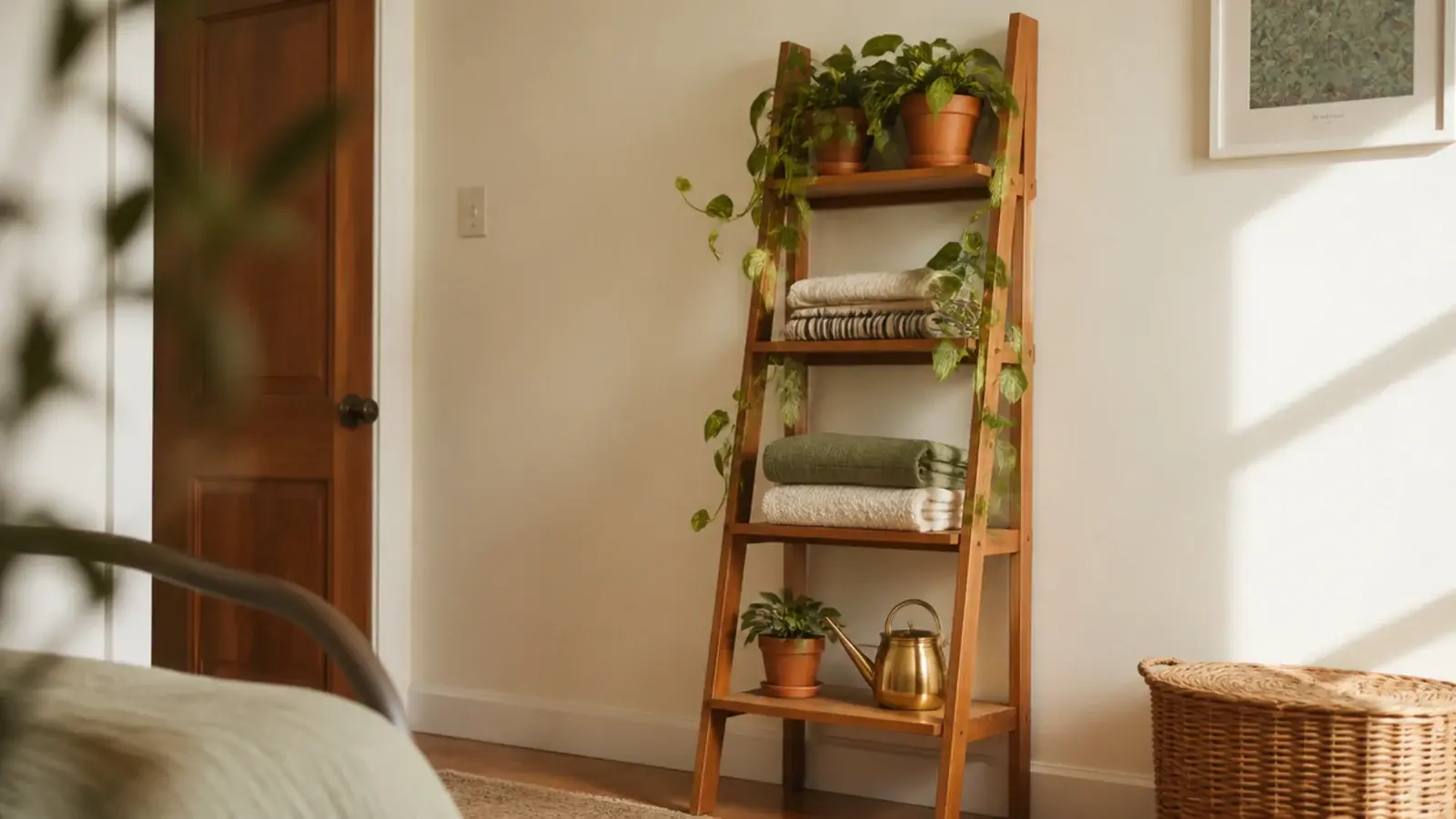 leaning oak ladder shelf against a flat wall holding plants and books