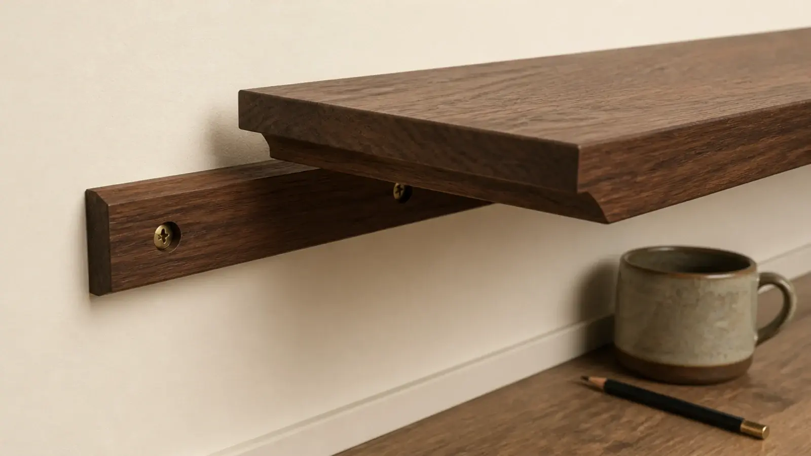 french cleat strip on a wall supporting a thick wooden floating shelf