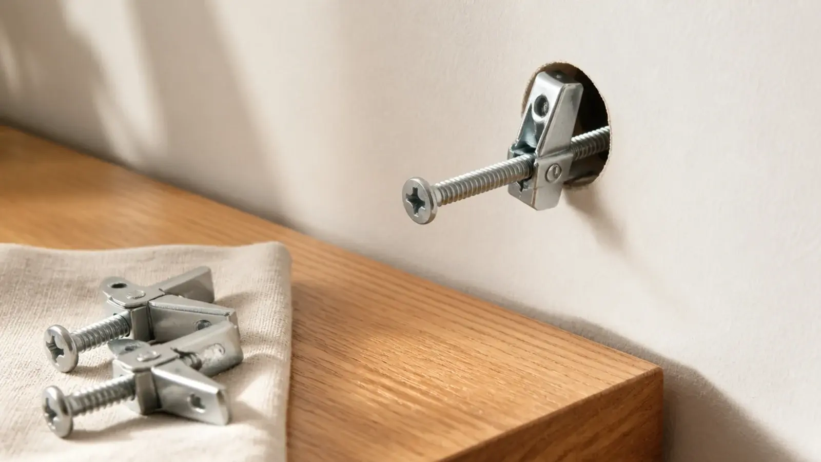 toggle bolts and a wooden shelf being mounted into hollow drywall