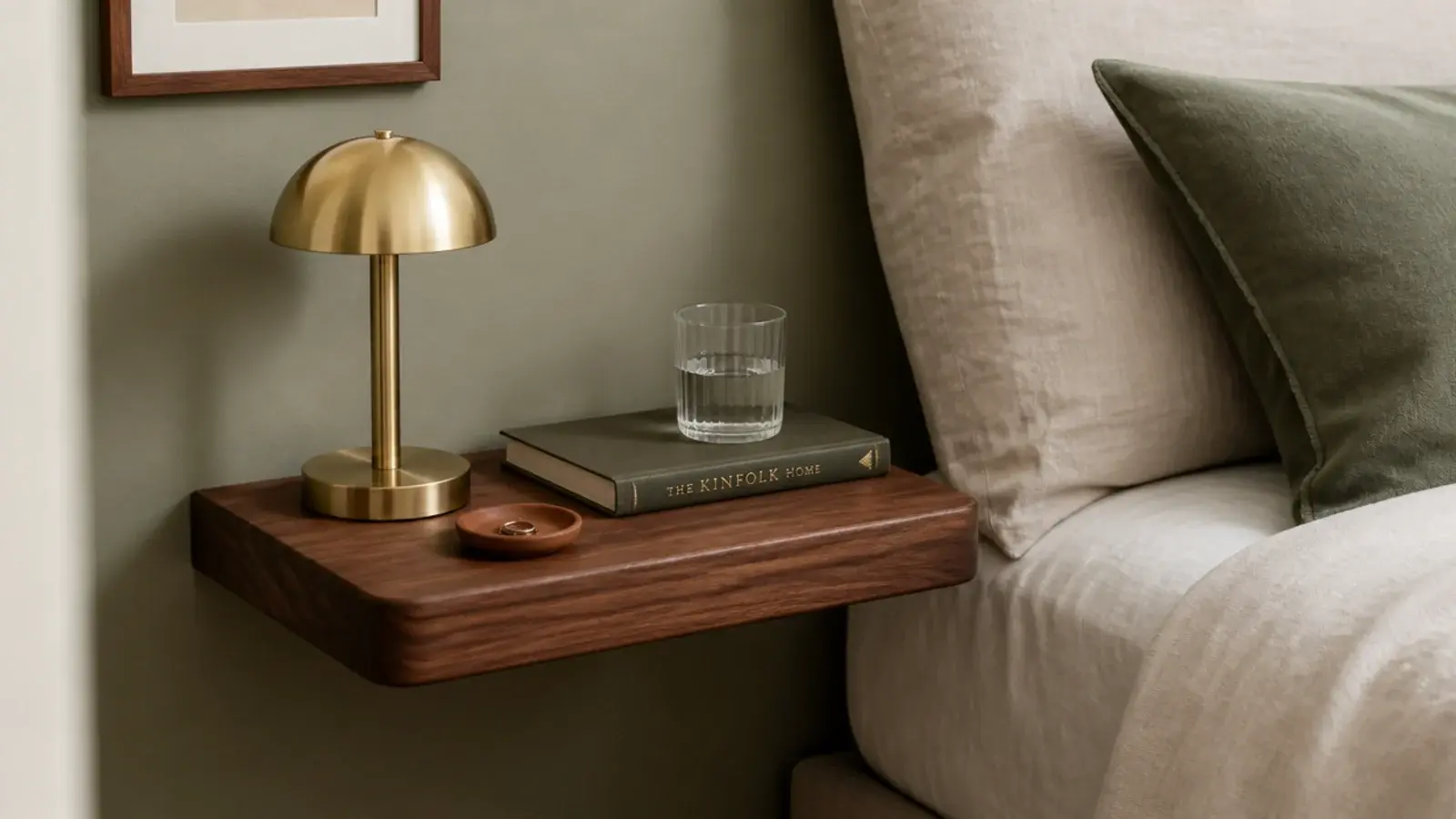 small walnut floating shelf beside a bed holding a lamp and book
