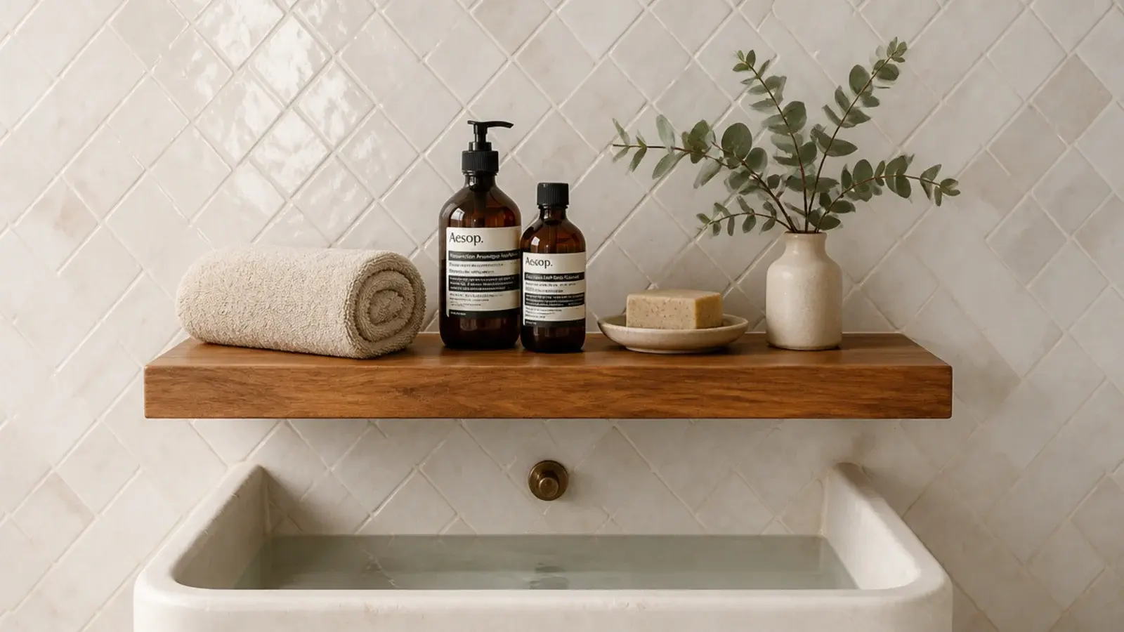 sealed teak floating shelf in a rental bathroom holding towels and bottles