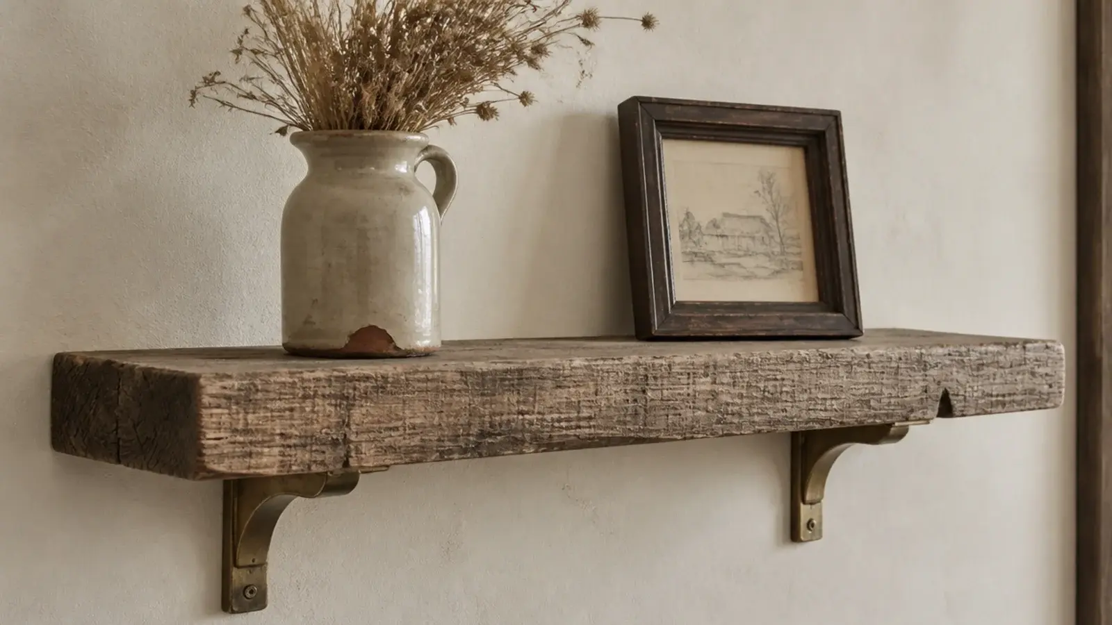 reclaimed thrifted wooden board mounted as a shelf with new brass brackets