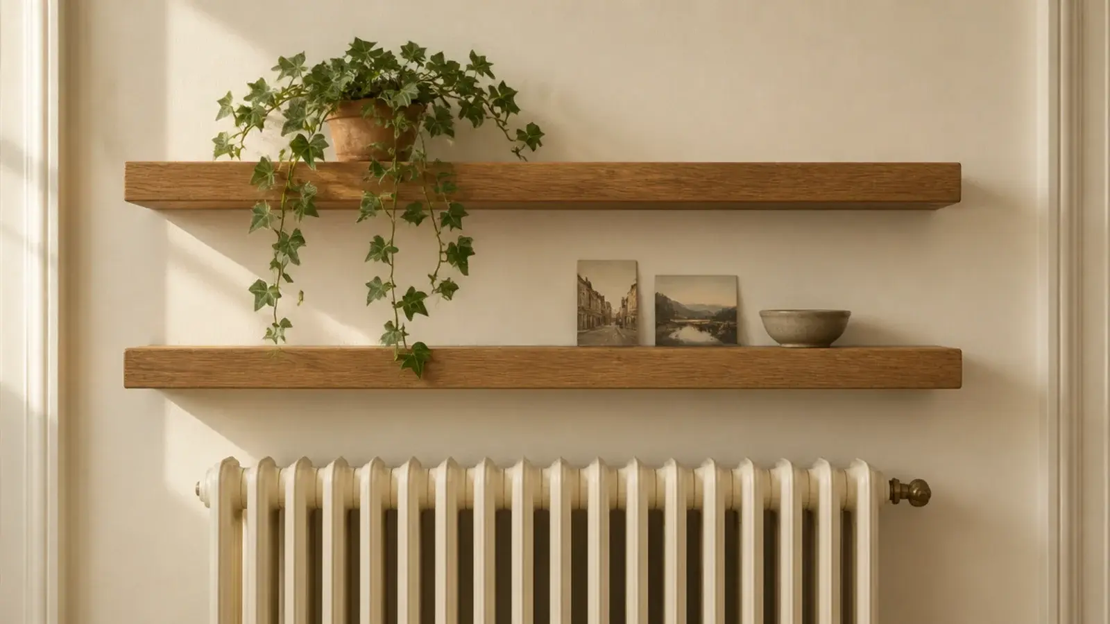 two wooden shelves mounted with clearance above a cream column radiator