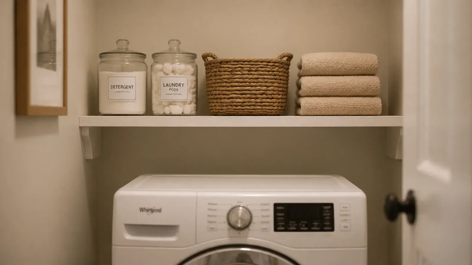 wooden shelf above a washing machine holding jars baskets and folded linen