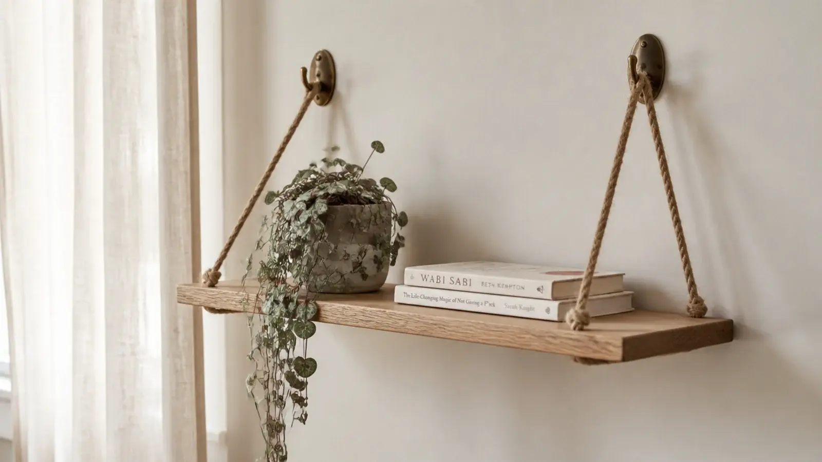rope hung wooden shelf suspended from two hooks against a cream wall