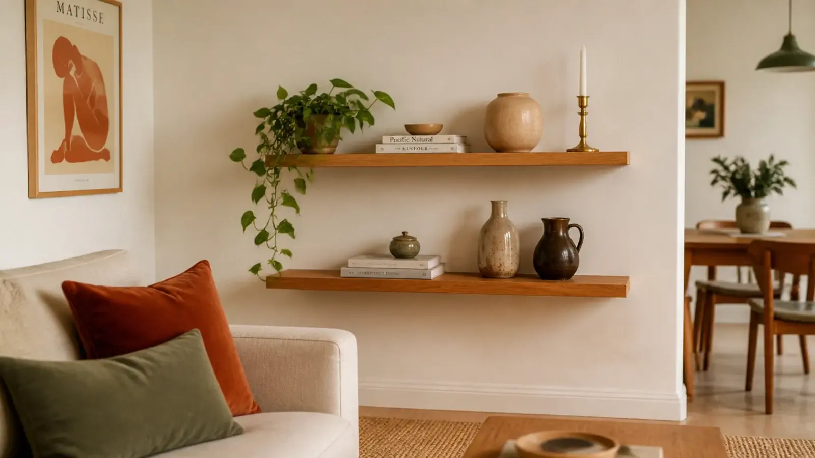 warm oak wood floating shelves on a cream rental wall holding pottery and books