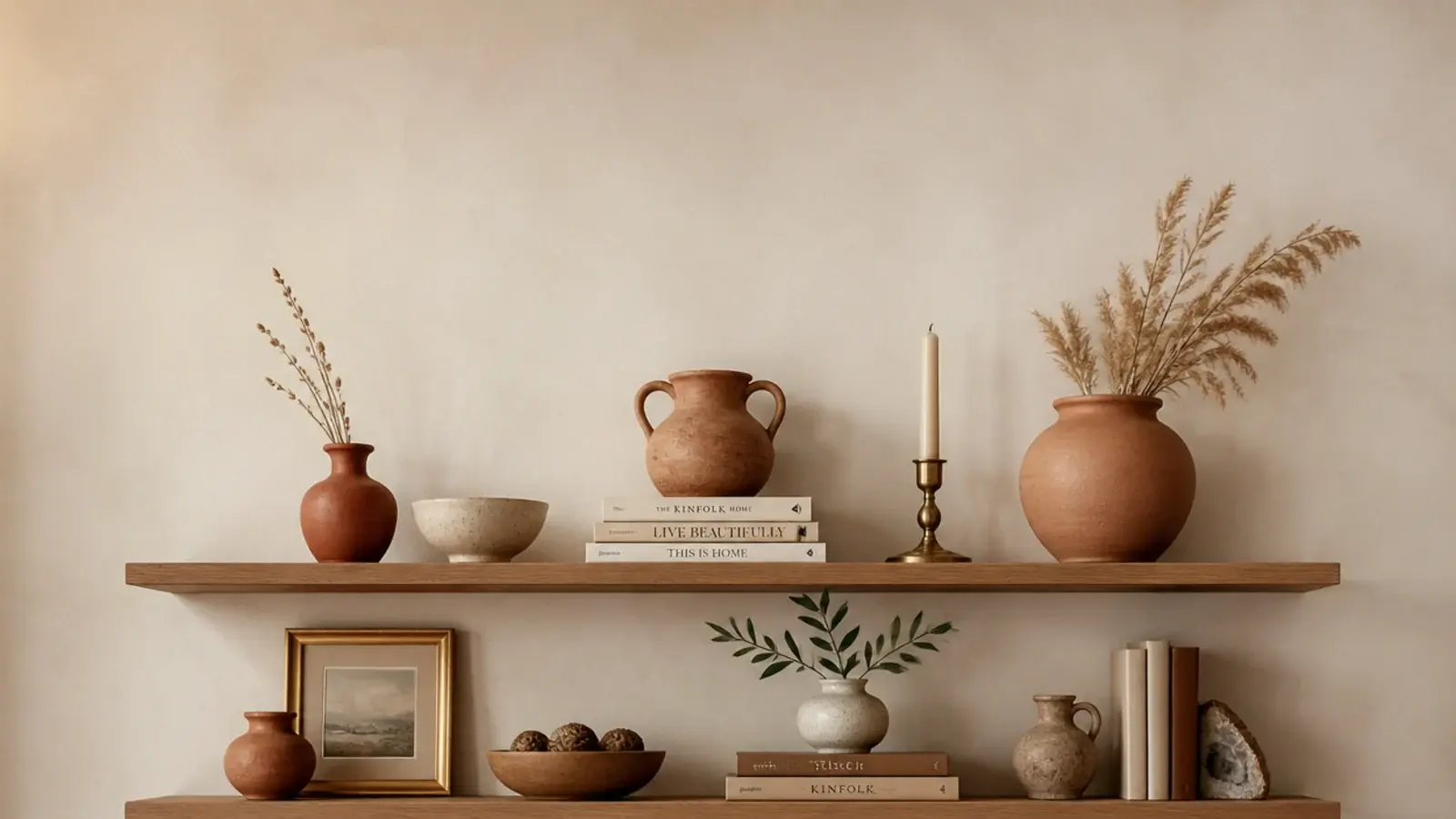 vertical rental wall of wood floating shelves styled with pottery and plants