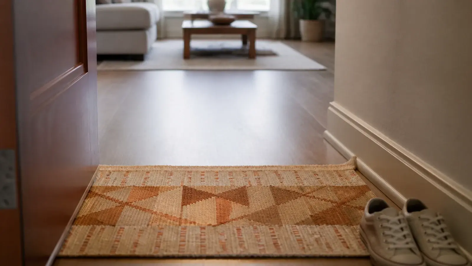 flat weave runner marking an entry zone inside an apartment door