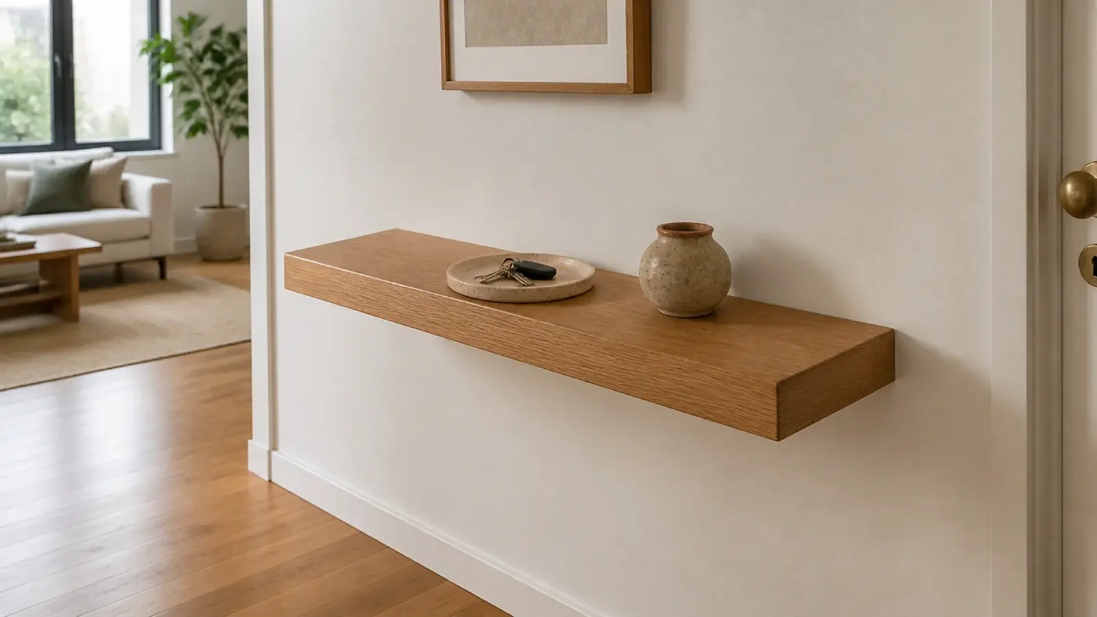 floating oak console shelf mounted in a small apartment entryway