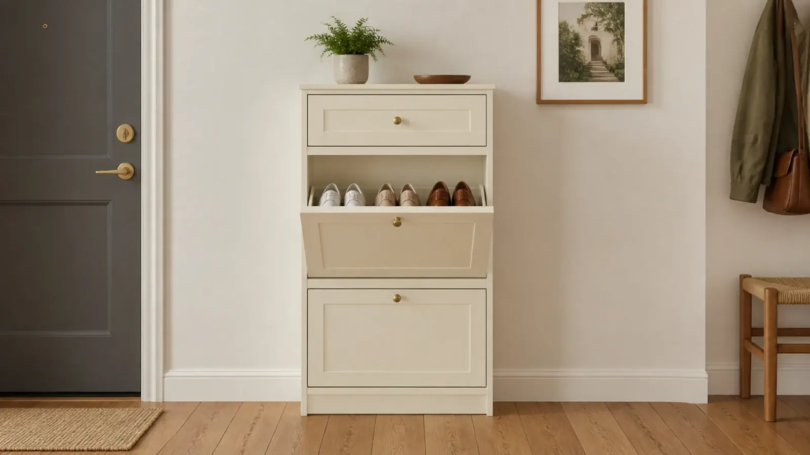 slim tilt out shoe cabinet against an apartment entryway wall