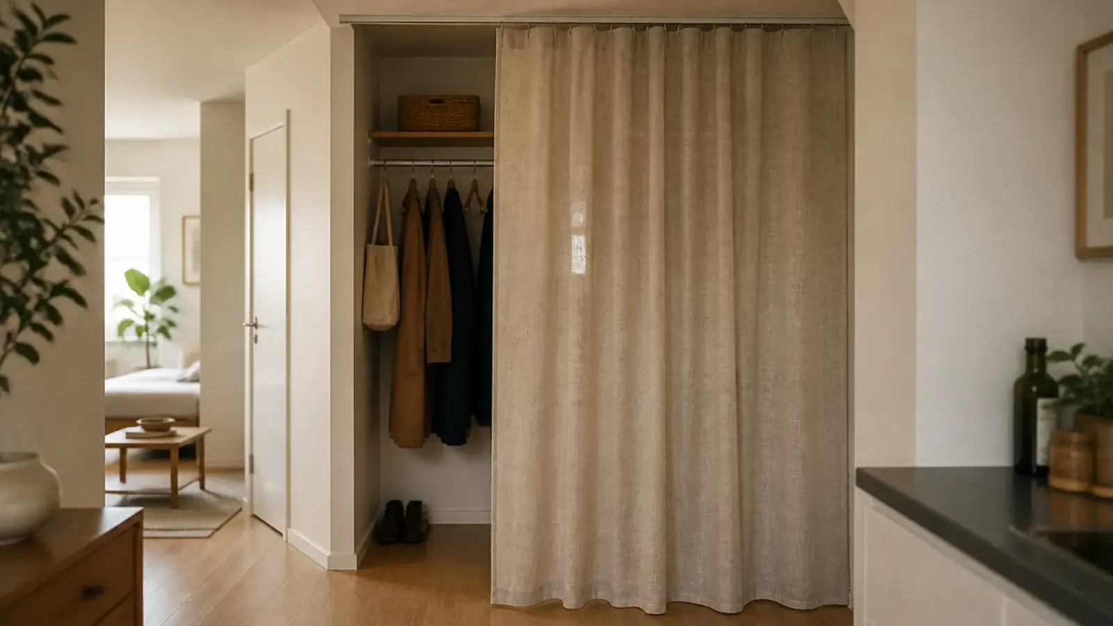 linen curtain drawn across an apartment entry coat rail on a rod