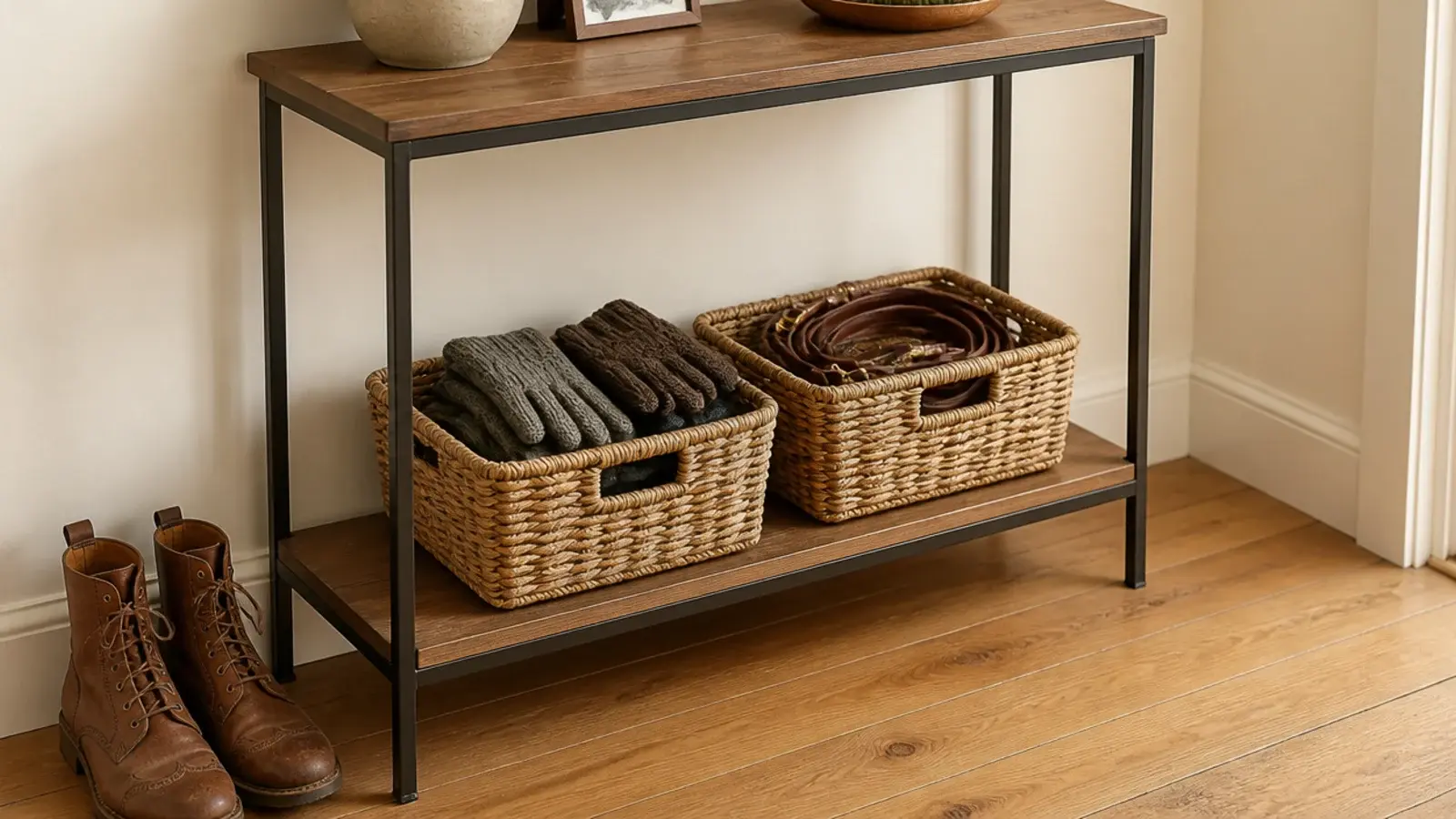 two woven baskets on the lower shelf of an apartment entry console