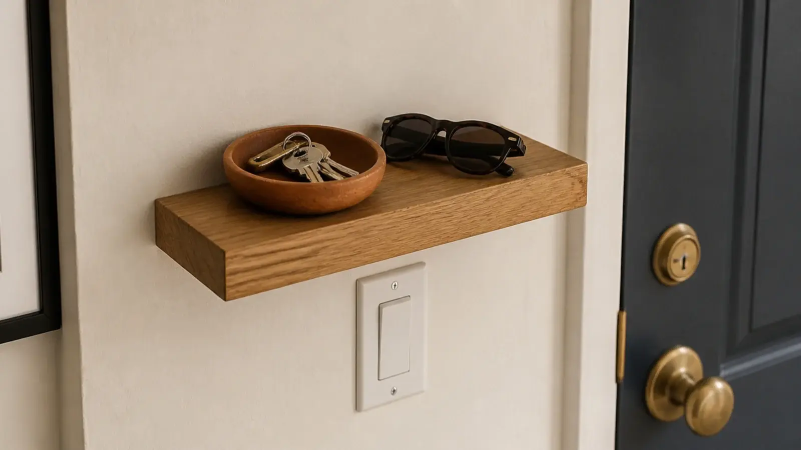 small floating shelf mounted above a light switch by an apartment door