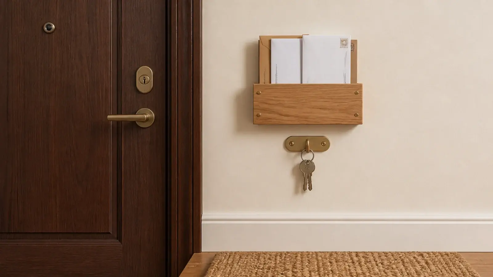 slim wall mounted wooden mail rack holding post beside an apartment door