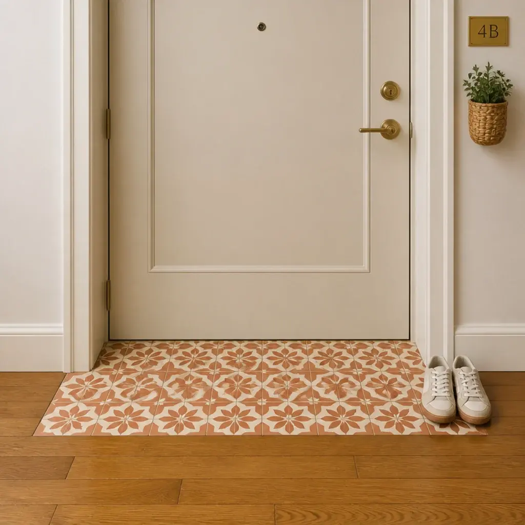 small patterned tile patch inside an apartment door meeting wood floor