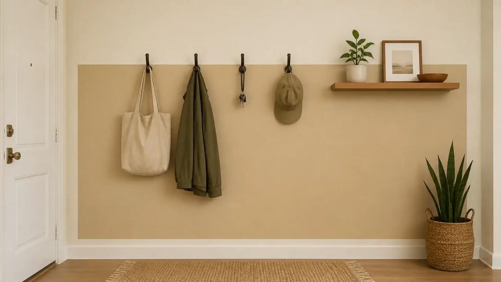 painted sand color block marking an entry area on an apartment wall