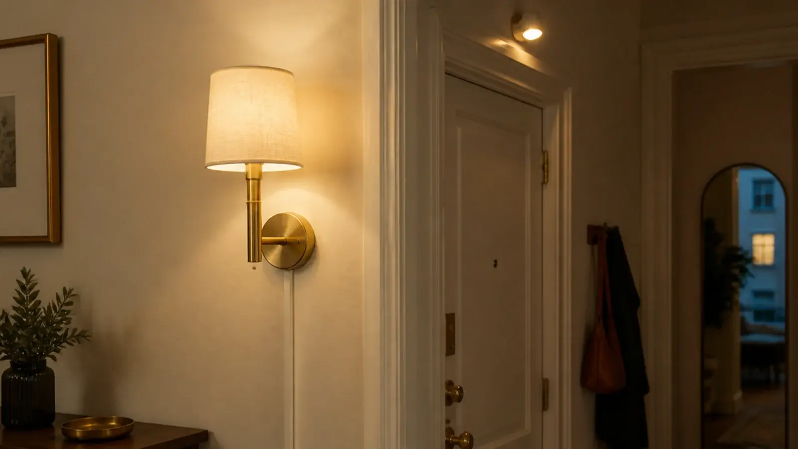 plug in sconce and small puck light layering warmth in an apartment entry