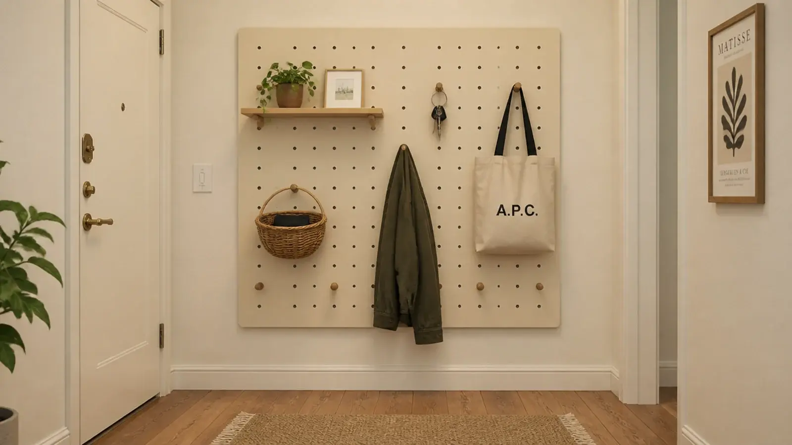 painted pegboard panel with hooks and a shelf in an apartment entry