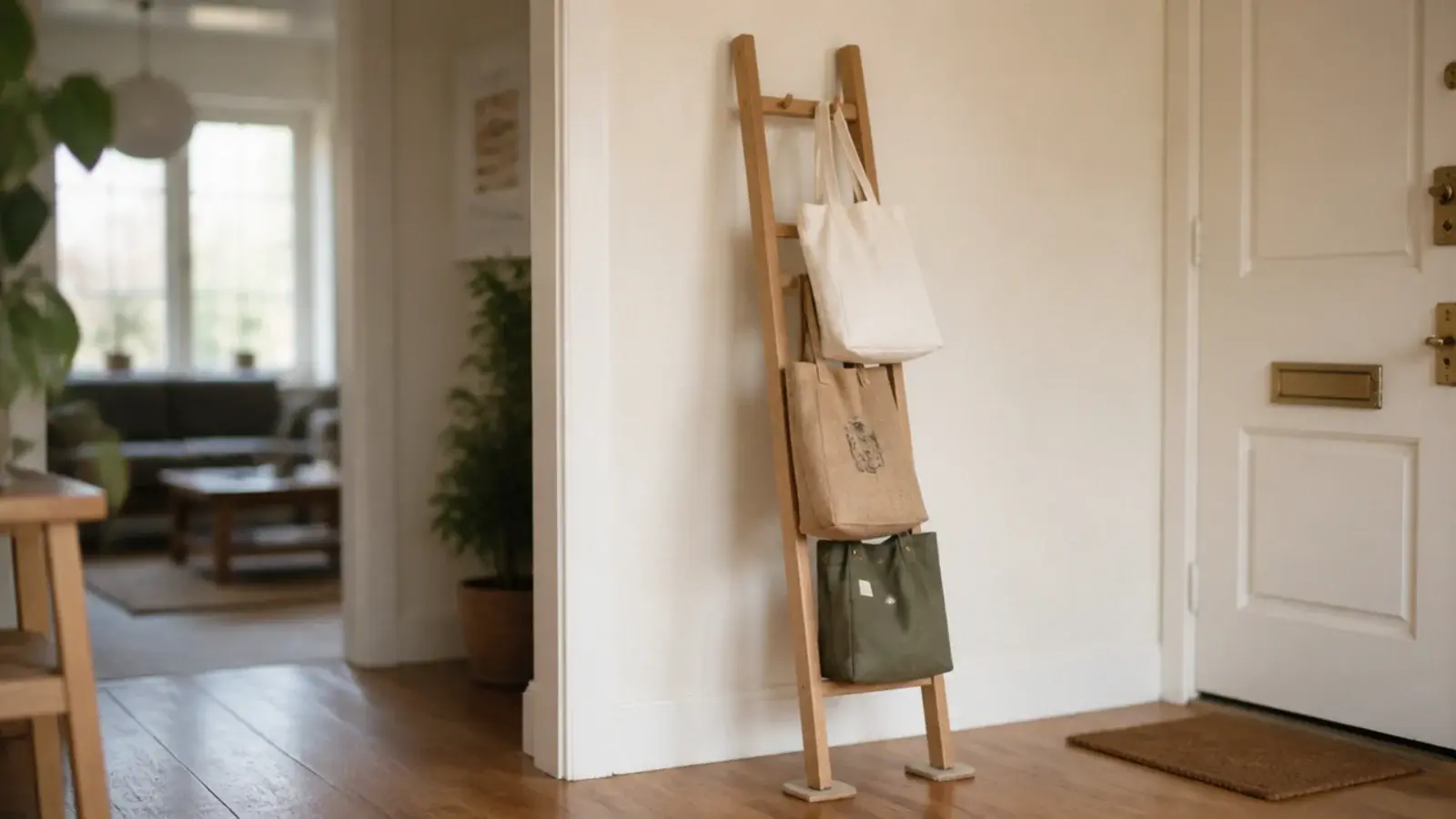 slim leaning ladder holding tote bags in a small apartment entry
