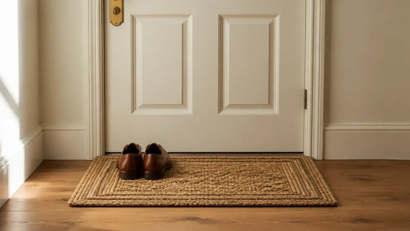 woven doormat placed inside an apartment door on the wood floor