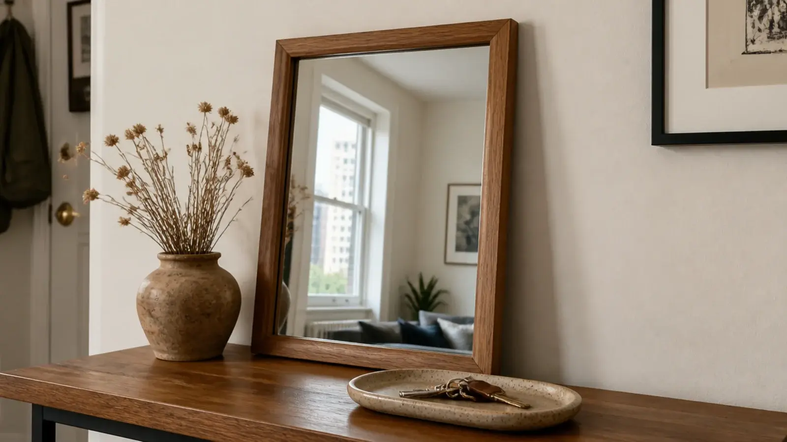 small mirror leaning on an apartment entry console against the wall