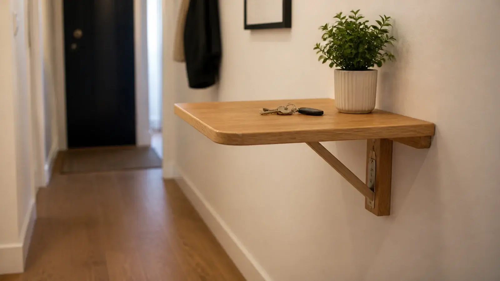 folding drop leaf shelf open in a very narrow apartment hallway