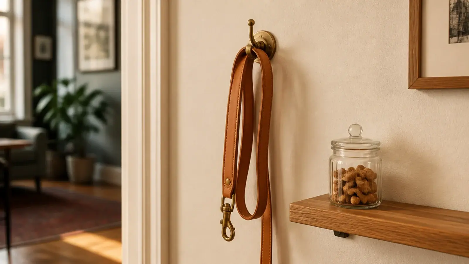 brass hook holding a dog lead beside a small glass treat jar