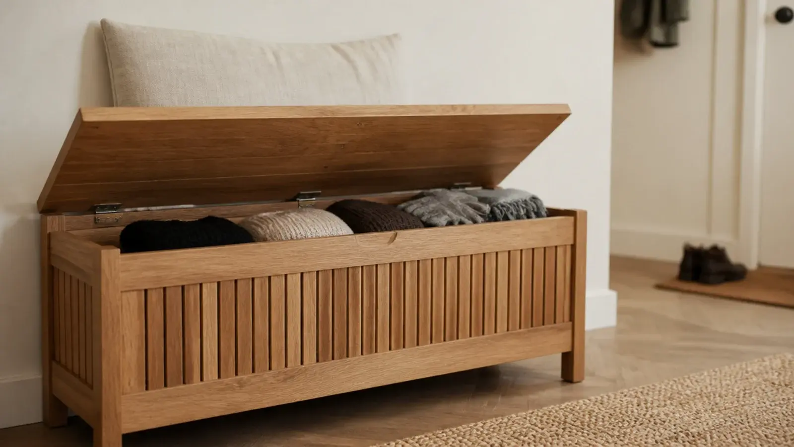 lift top wooden bench with seasonal hats and gloves stored inside