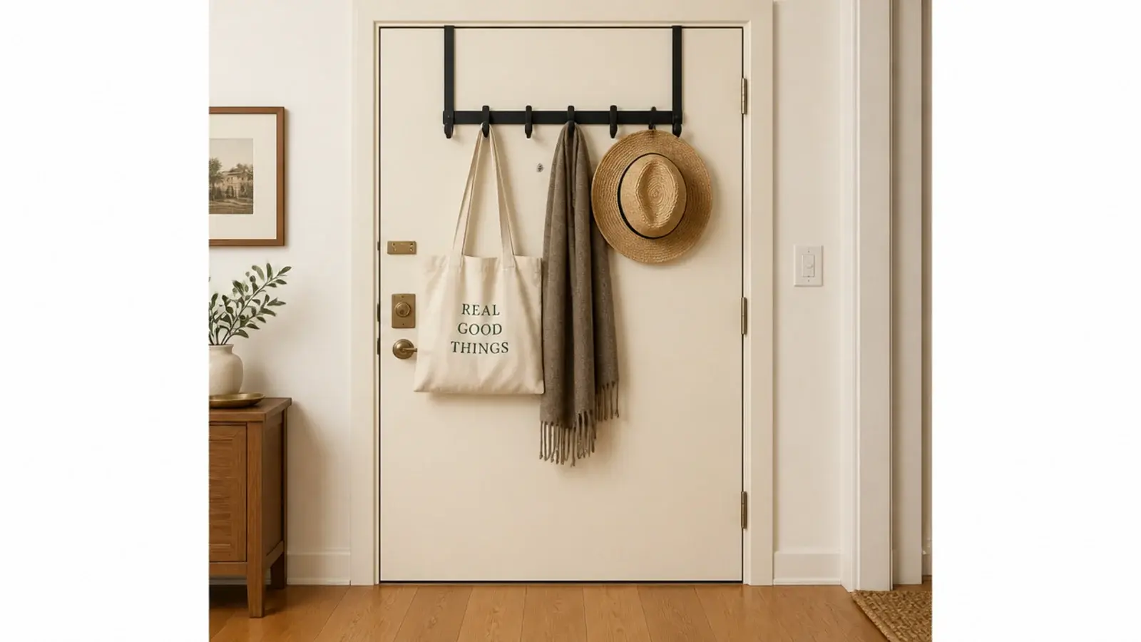 over the door rack on an apartment entry door holding bags and scarves