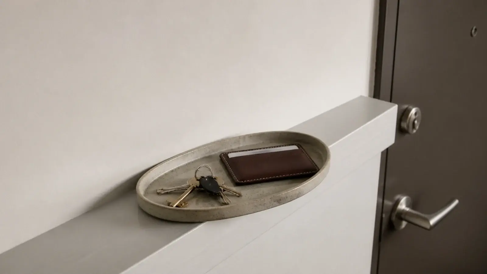 single stoneware tray holding keys beside a studio apartment door