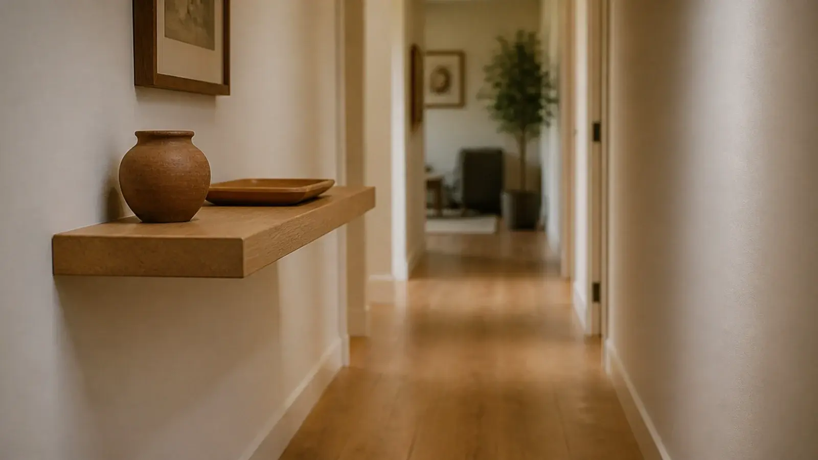 slim floating shelf replacing a deep console in a narrow hallway