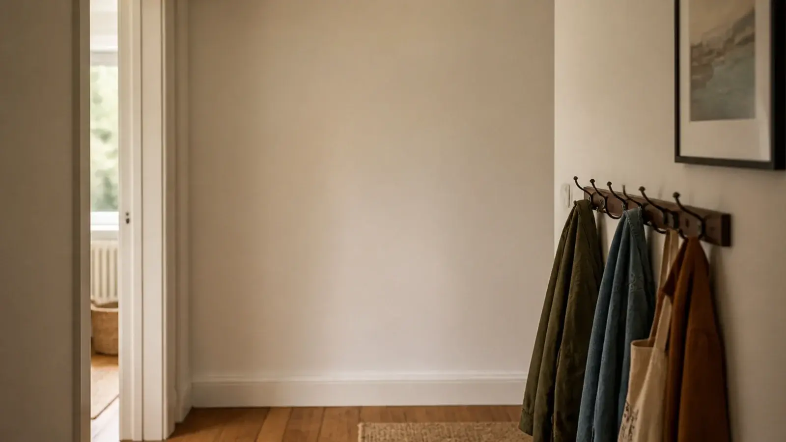 framed print moved to a clear wall away from an entryway coat rail