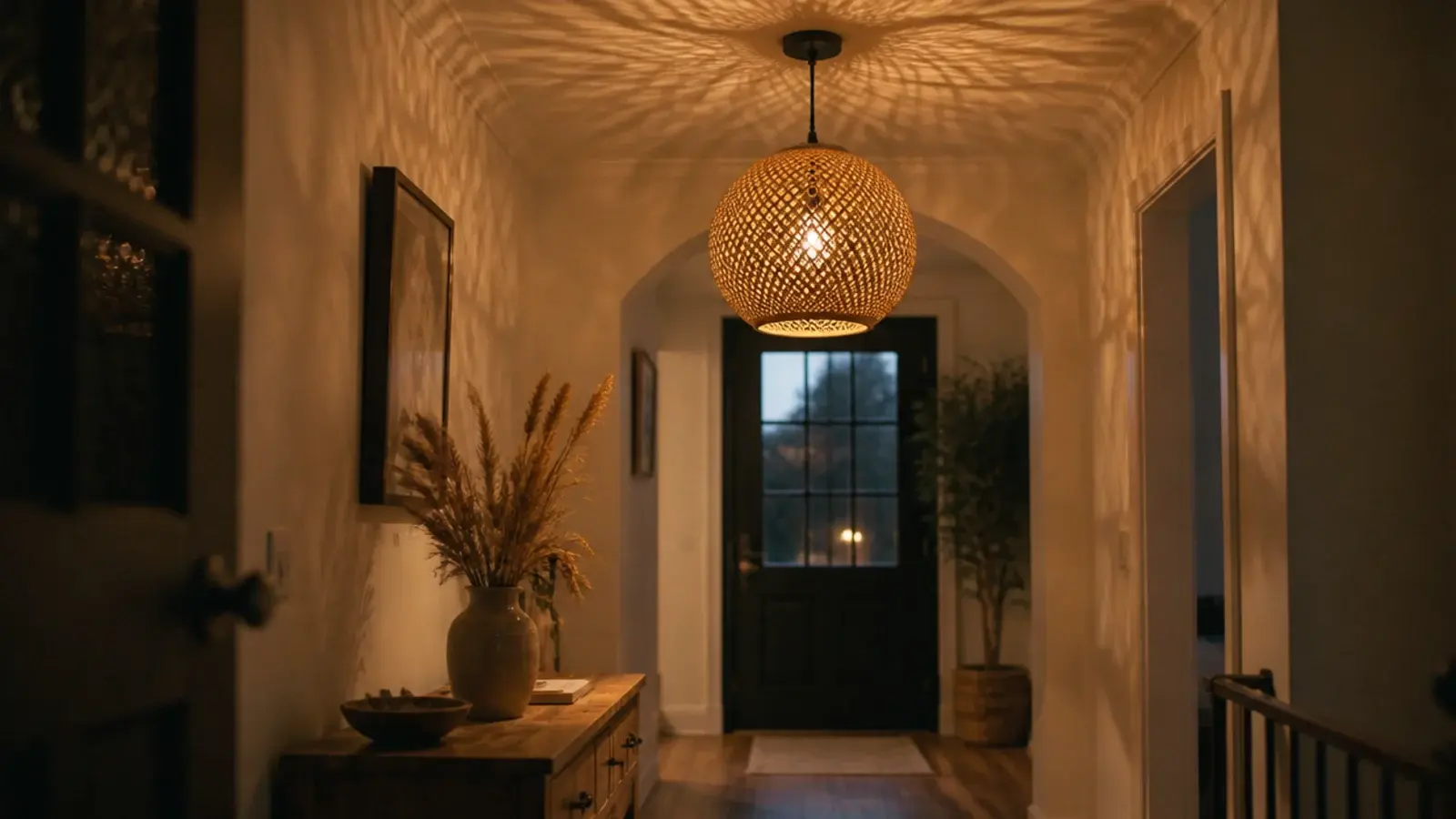 woven rattan pendant replacing a flush ceiling light in an entry