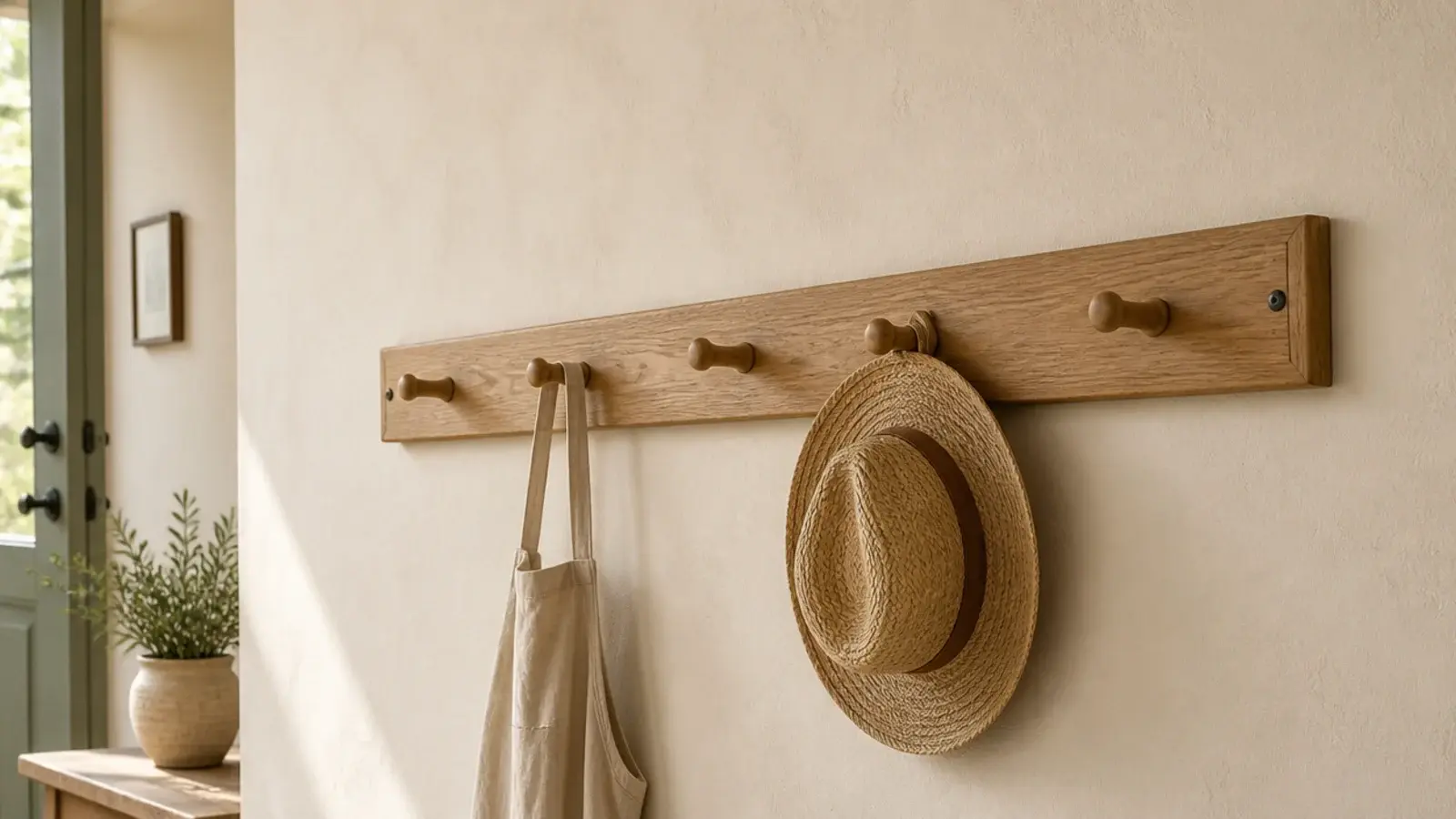 handmade oak peg rail mounted across a cream entryway wall