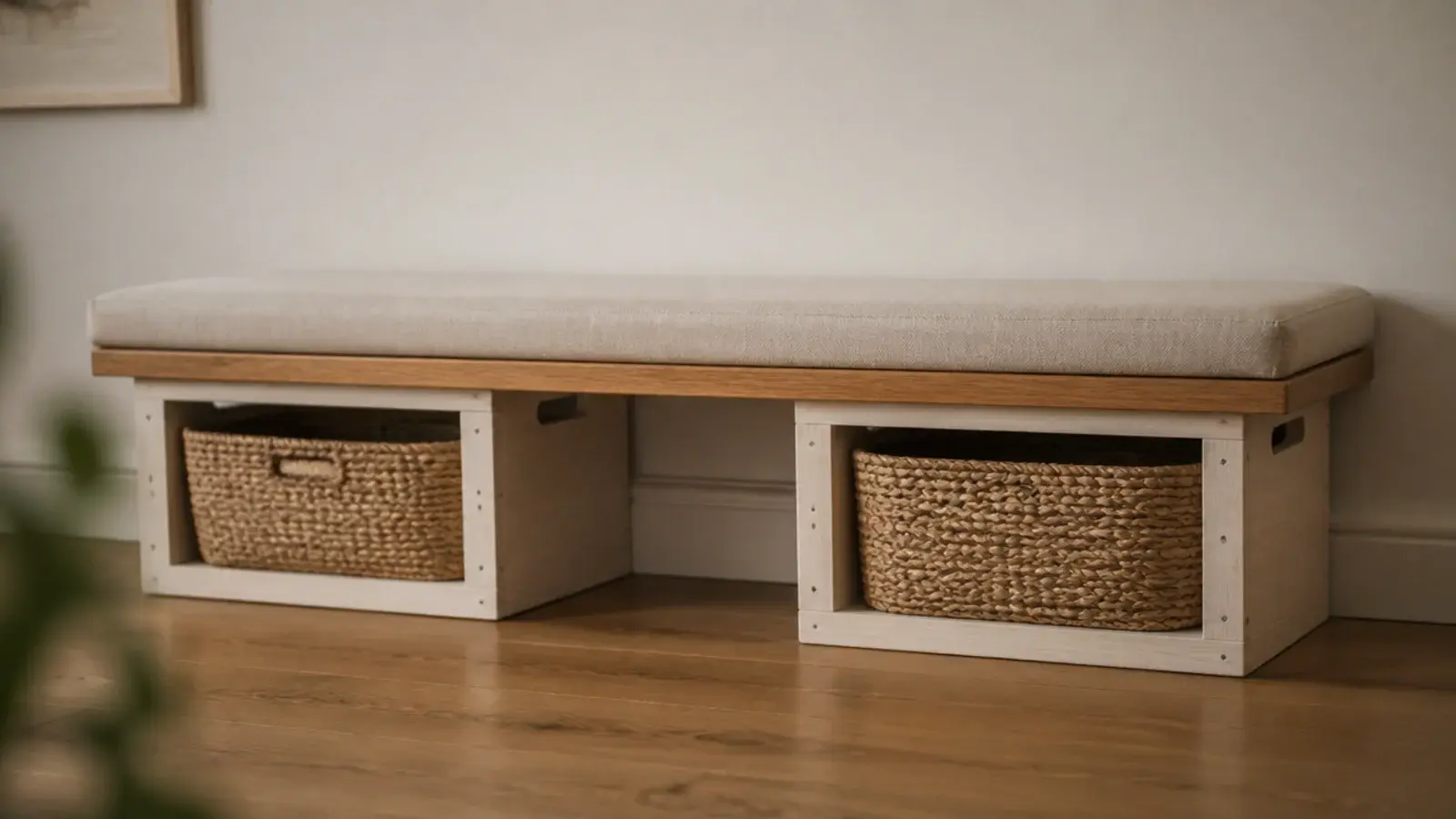 wooden crate bench with a linen cushion in a small entryway